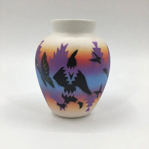 VTG Hozoni Pottery Vase Signed Redhorse Navajo Butterflies Dancer Sunset Colors